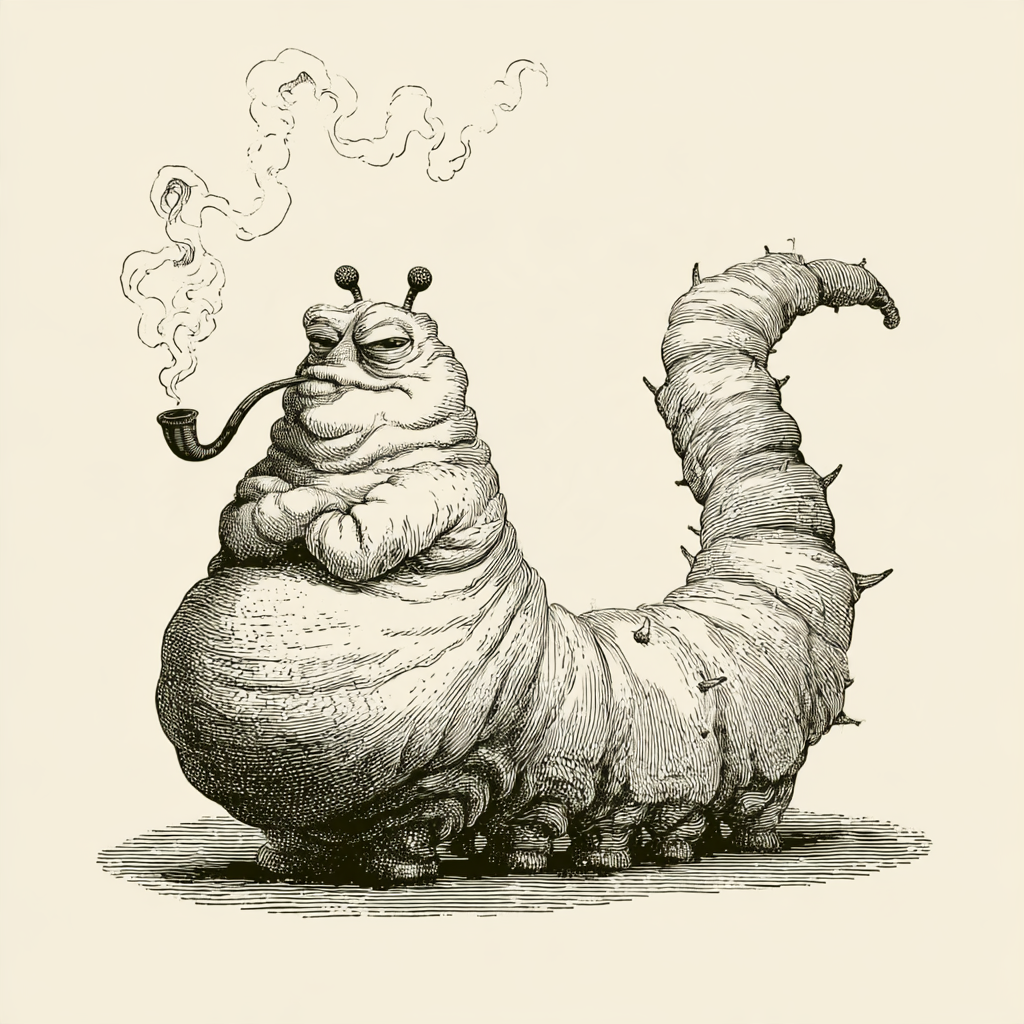 A vintage engraved smoking caterpillar